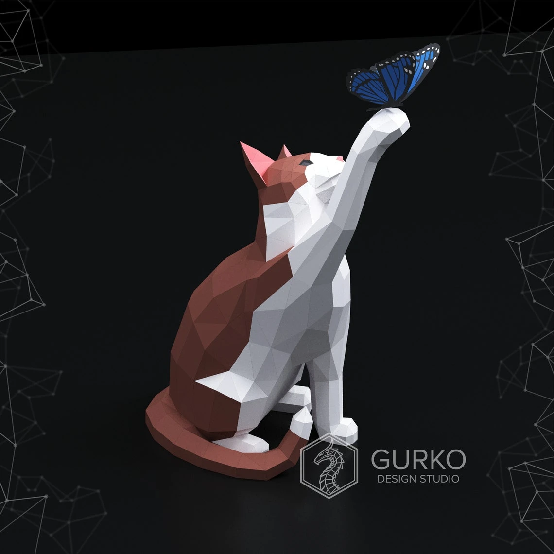 Papercraft Cat With Butterfly, Pdf, Gurko, Pepakura, Template, 3D Origami, Paper Sculpture, Low Poly, DIY Craft