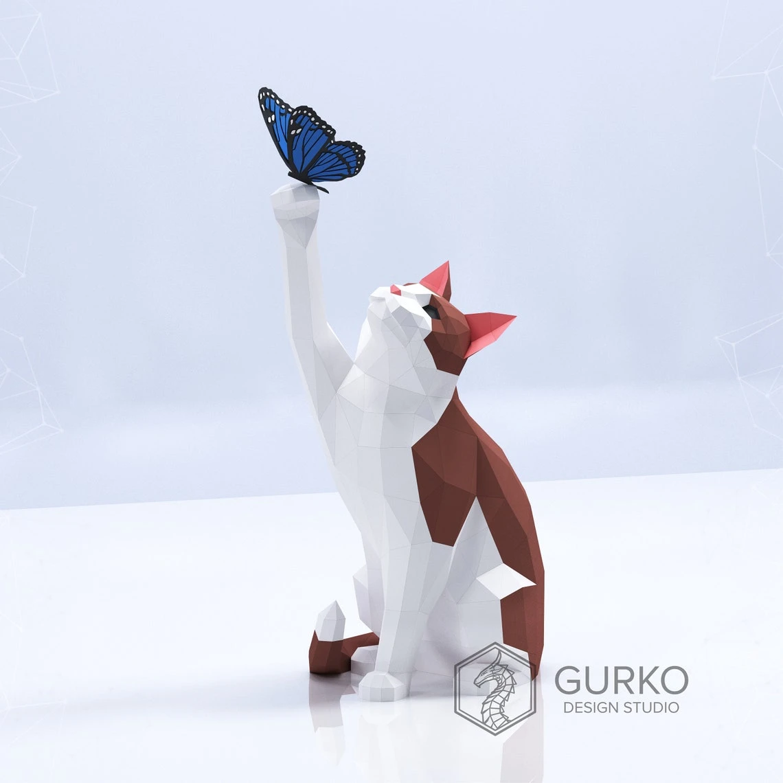 Papercraft Cat With Butterfly, Pdf, Gurko, Pepakura, Template, 3D Origami, Paper Sculpture, Low Poly, DIY Craft