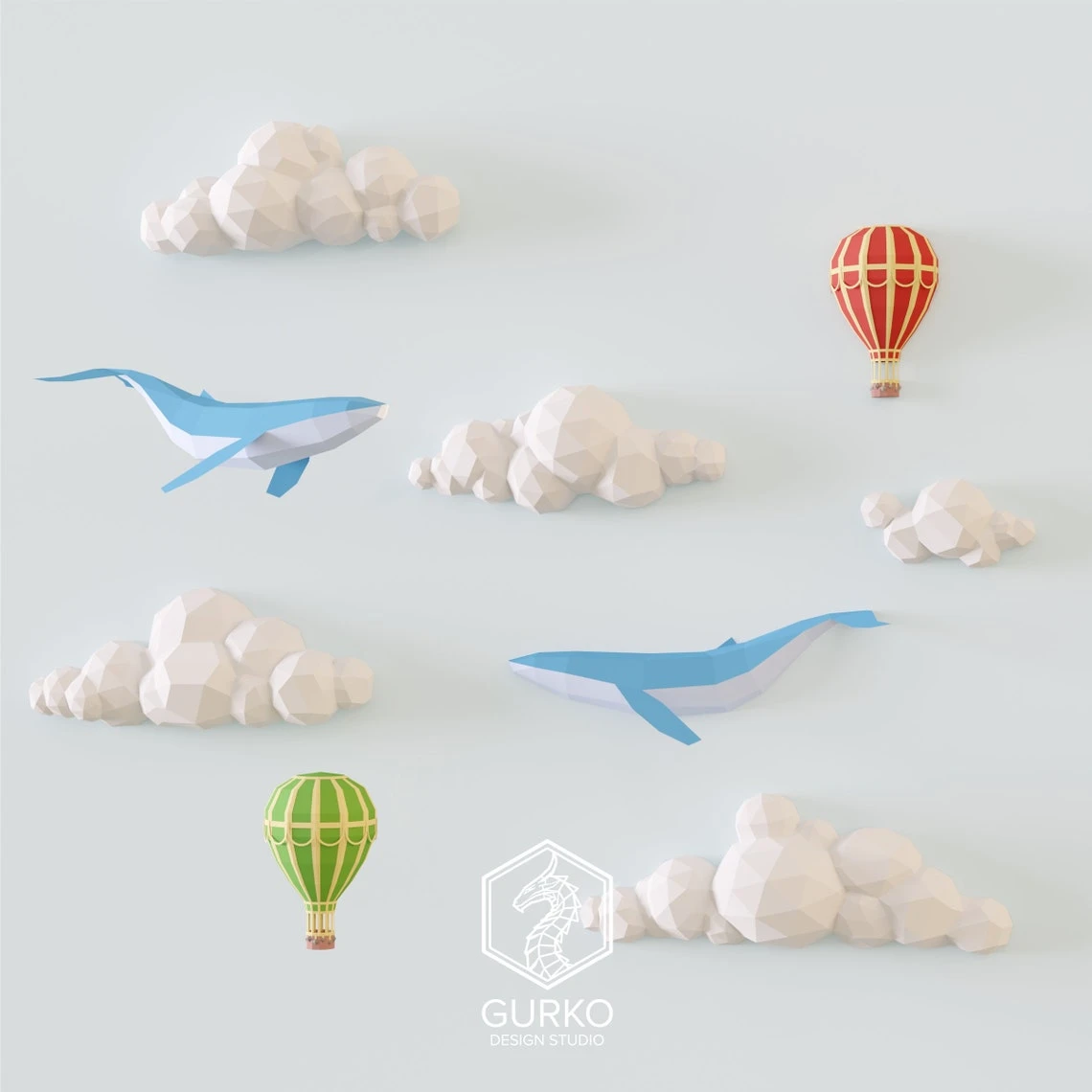 Papercraft Clouds With Whales And Hot Air Balloons, Pdf, Gurko, Pepakura, Template, 3D Origami, Paper Sculpture, Low Poly, DIY Craft