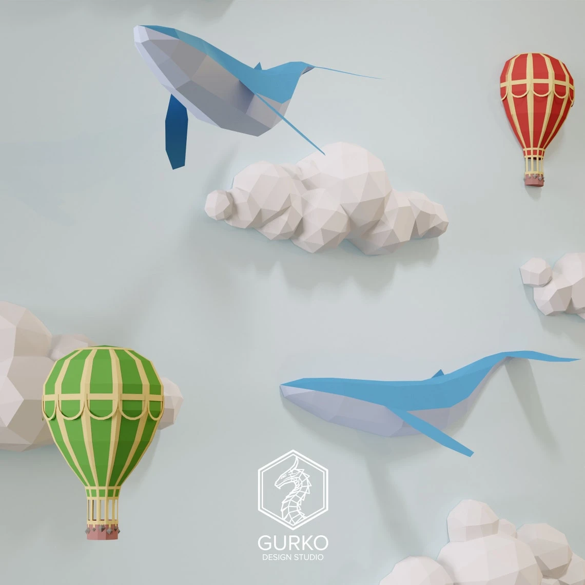 Papercraft Clouds With Whales And Hot Air Balloons, Pdf, Gurko, Pepakura, Template, 3D Origami, Paper Sculpture, Low Poly, DIY Craft