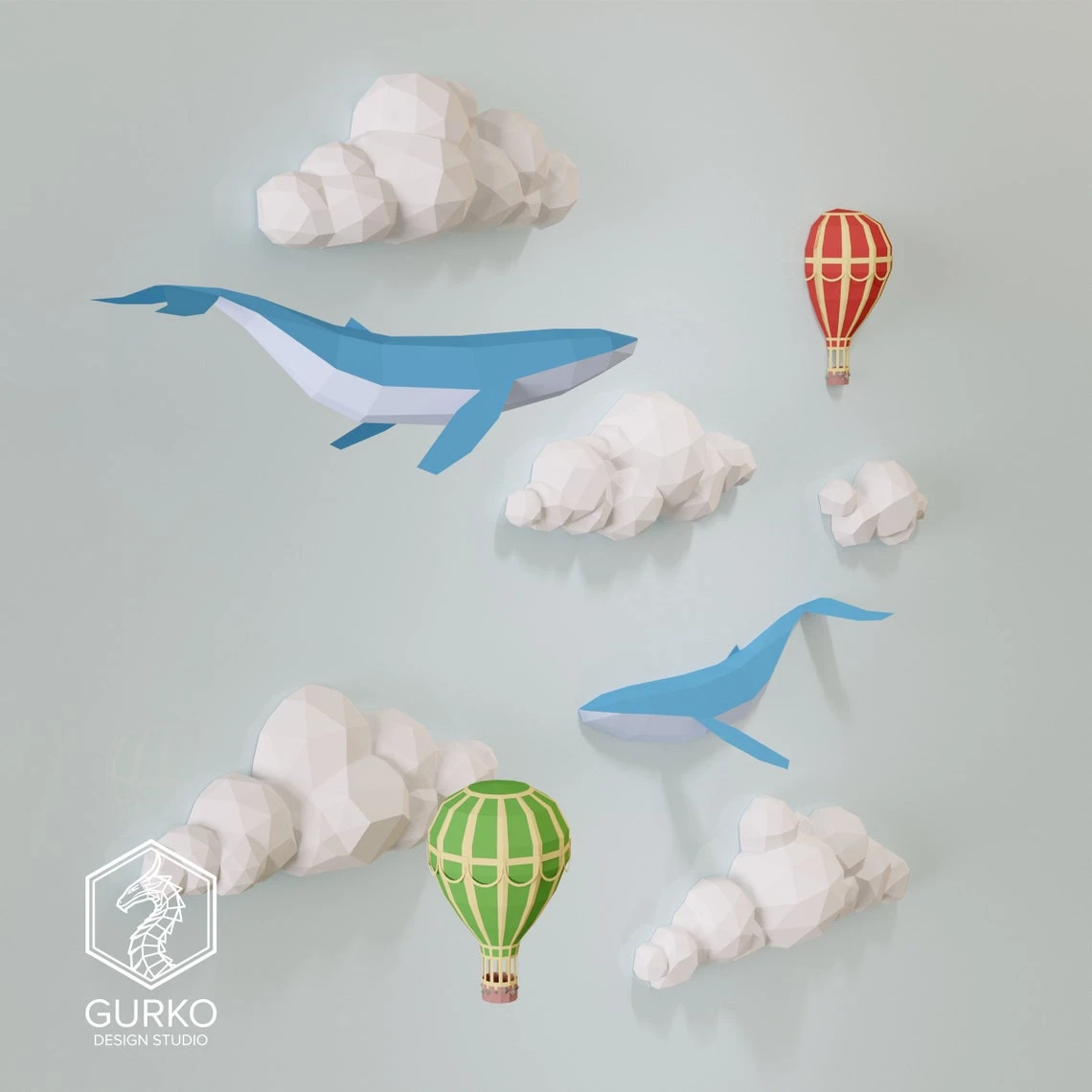 Papercraft Clouds With Whales And Hot Air Balloons, Pdf, Gurko, Pepakura, Template, 3D Origami, Paper Sculpture, Low Poly, DIY Craft