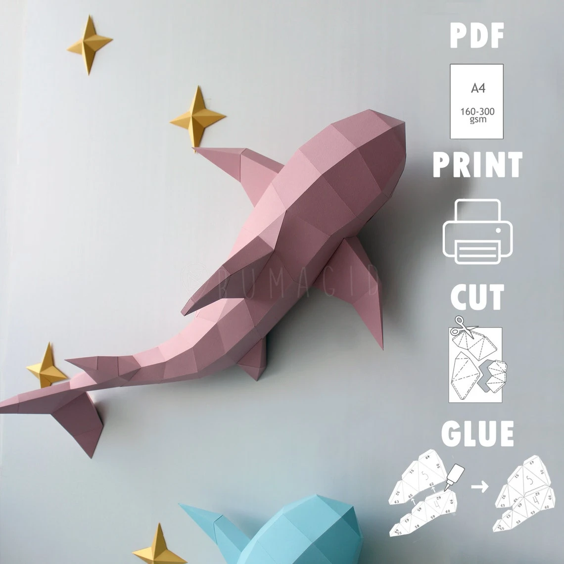 Shark for Creative Crafts & Decor, PDF Template, Paper Sculpture, DIY, Pepakura Pattern, Handmade, Papercraft, Lowpoly, Lowpoly Papercraft, BUMAGID