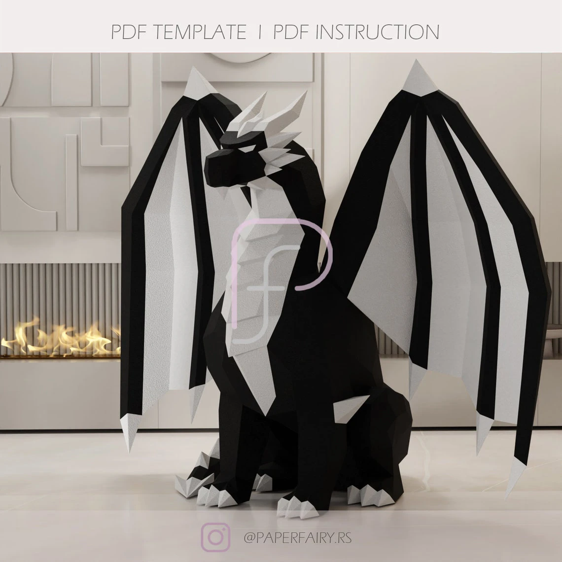 Dragon sitting papercraft sculpture,3D dragon paper model, modern art statue decor featured faceted geometric sculpture