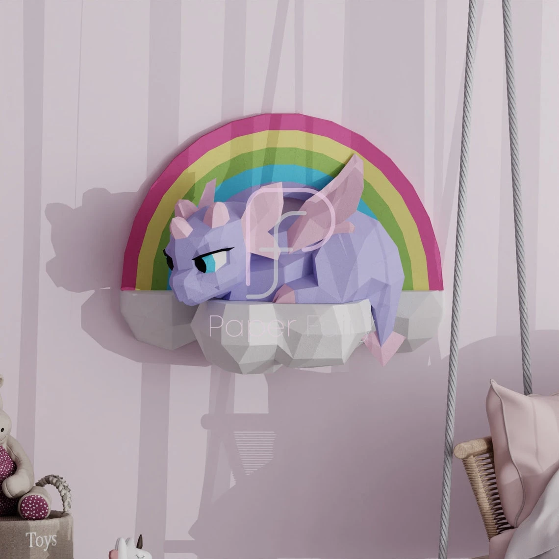 Low poly cute Baby Dragon on the cloud with the rainbow papercraft 3d wall sculpture,3D low poly modern paper art model statue decor