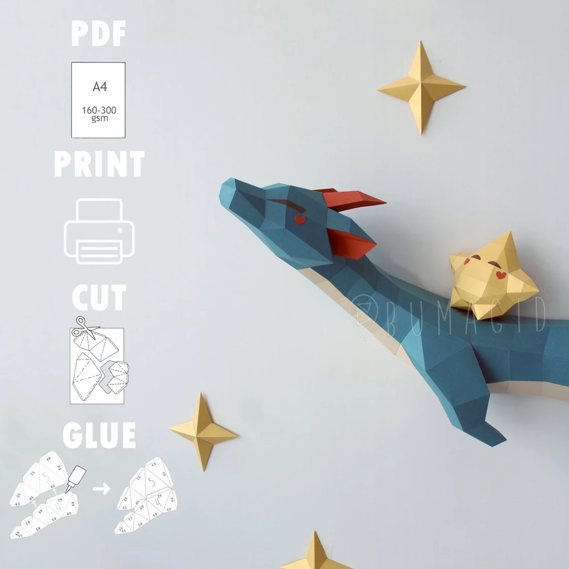 Dragon with the Stars for Creative Crafts & Decor, PDF Template, Paper Sculpture, DIY, Pepakura Pattern, Handmade, Papercraft, Lowpoly, Lowpoly Papercraft, BUMAGID