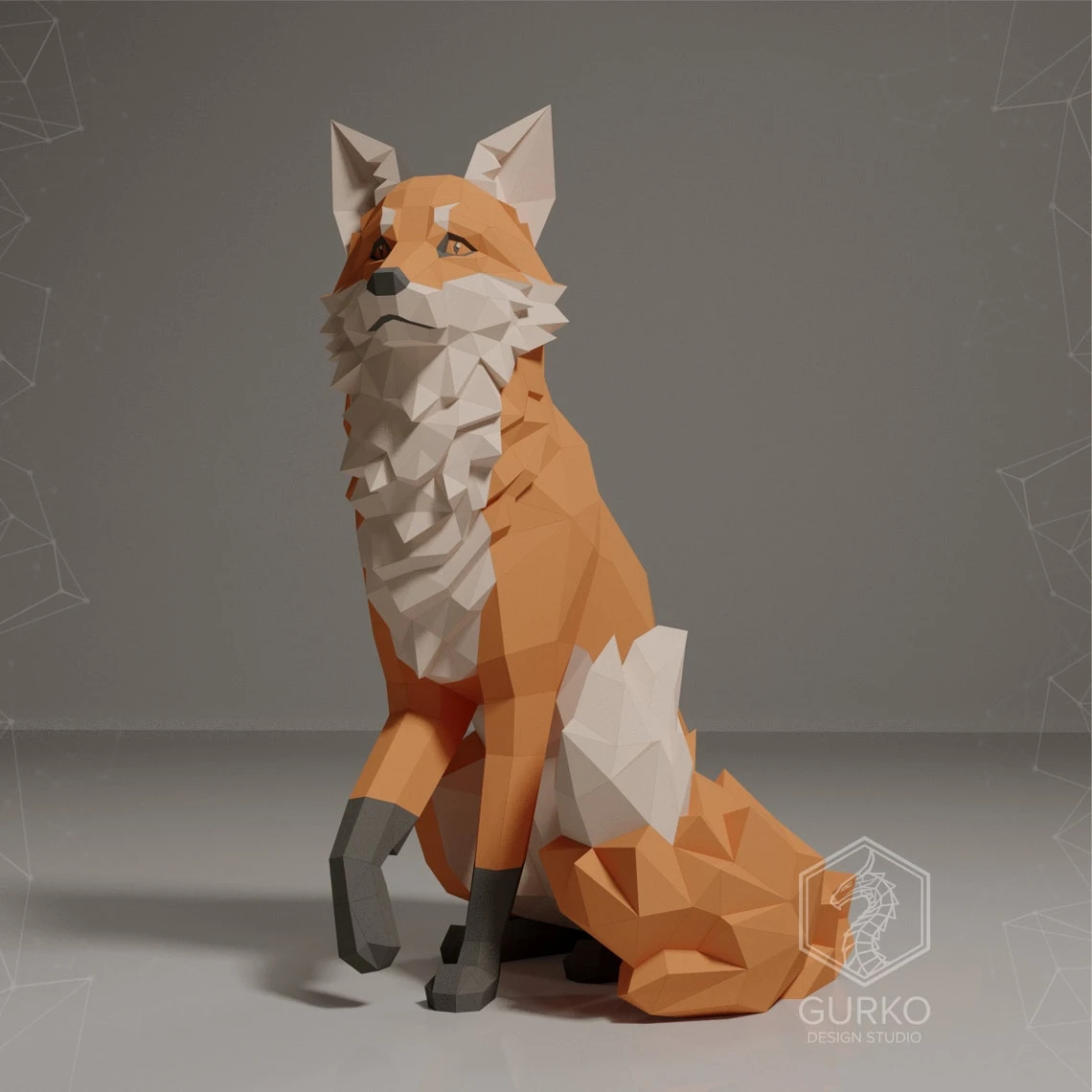 Sitting Fox Papercraft, Pdf, Gurko, Pepakura, Template, 3D Origami, Paper Sculpture, Low Poly DIY Craft