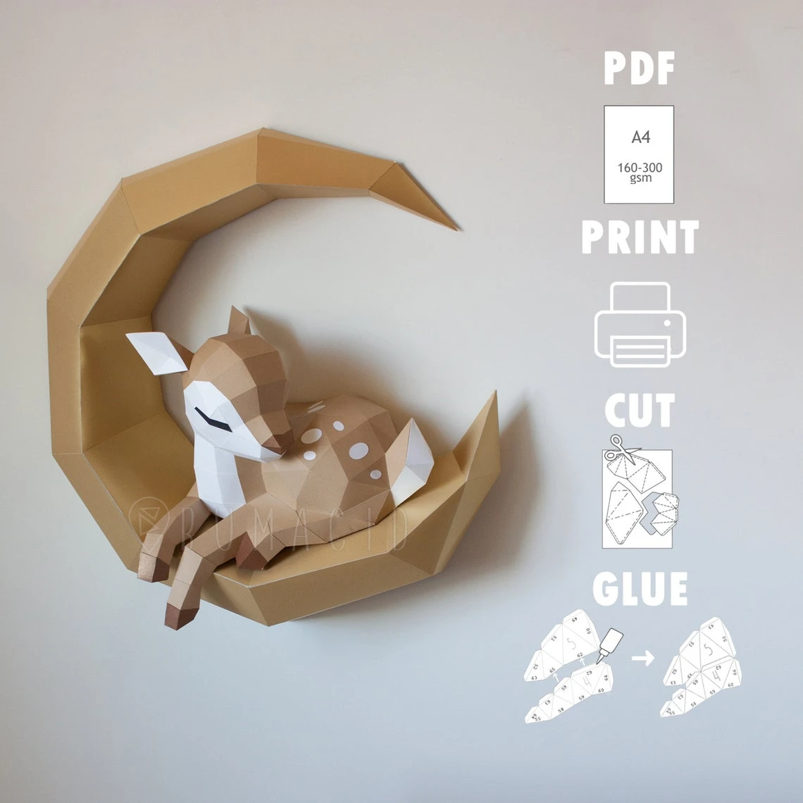 Fawn on the Moon for Creative Crafts & Decor, PDF Template, Paper Sculpture, DIY, Pepakura Pattern, Handmade, Papercraft, Lowpoly, Lowpoly Papercraft, BUMAGID