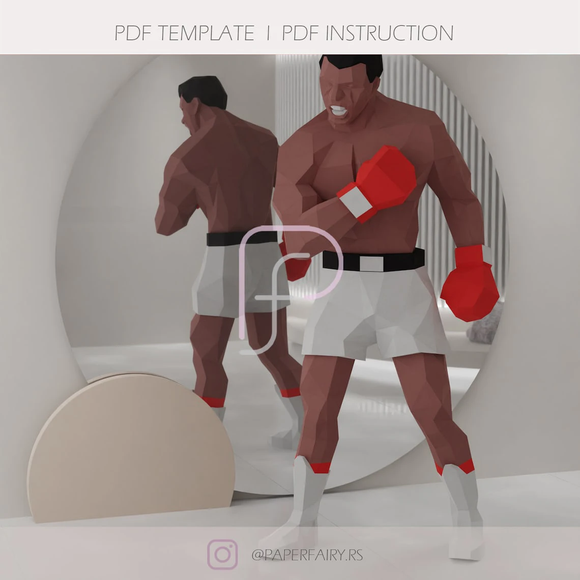 Low poly Boxer Mohammad Ali 3d papercraft sculpture, Boxer 3D paper model, modern art statue decor, faceted geometric sculpture forms