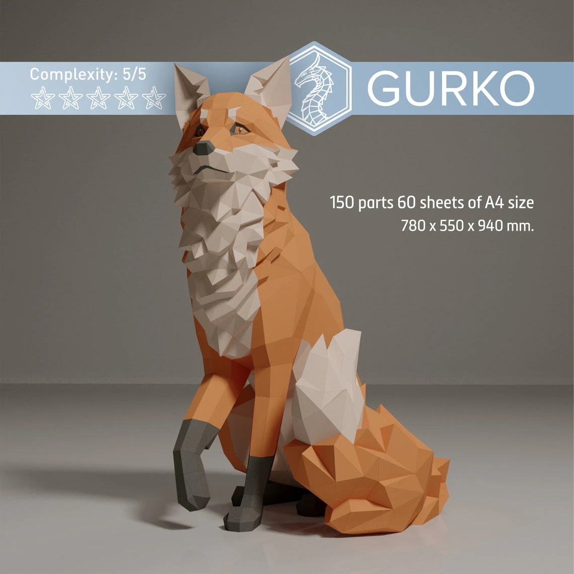 Sitting Fox Papercraft, Pdf, Gurko, Pepakura, Template, 3D Origami, Paper Sculpture, Low Poly DIY Craft