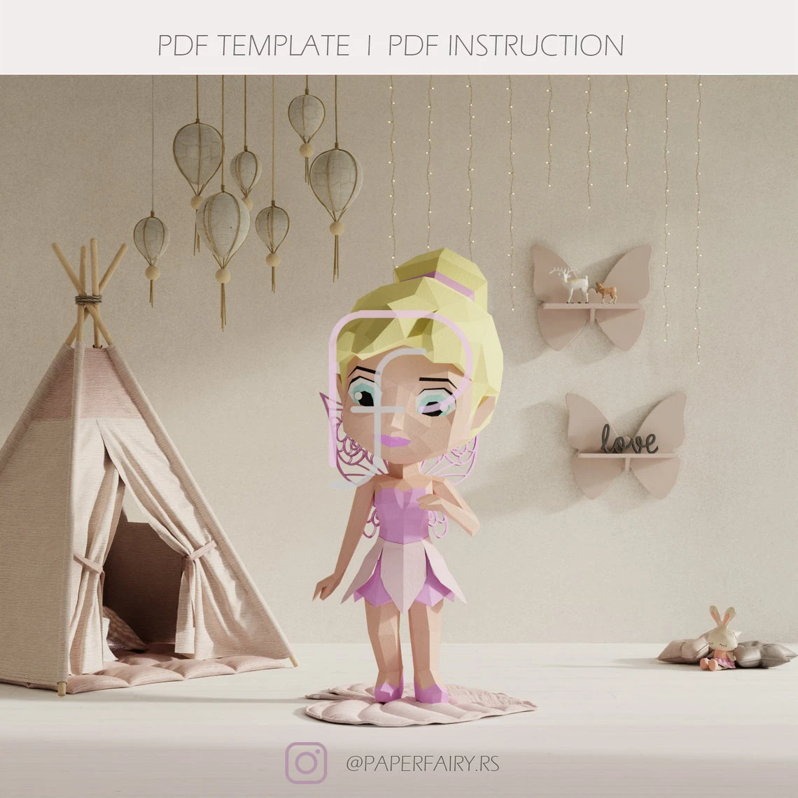 Low poly Tinker Bell Chibi Doll 3d papercraft sculpture, Doll 3D paper model