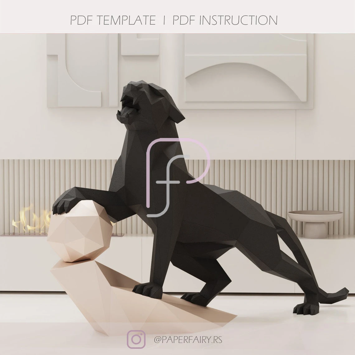 Low Poly 3d Papercraft Roaring Black Panther sculpture,3D Lion paper model, modern art statue decor featured faceted geometric sculpture