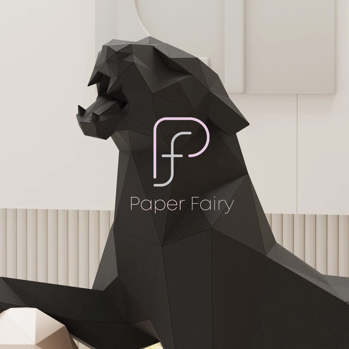 Low Poly 3d Papercraft Roaring Black Panther sculpture,3D Lion paper model, modern art statue decor featured faceted geometric sculpture