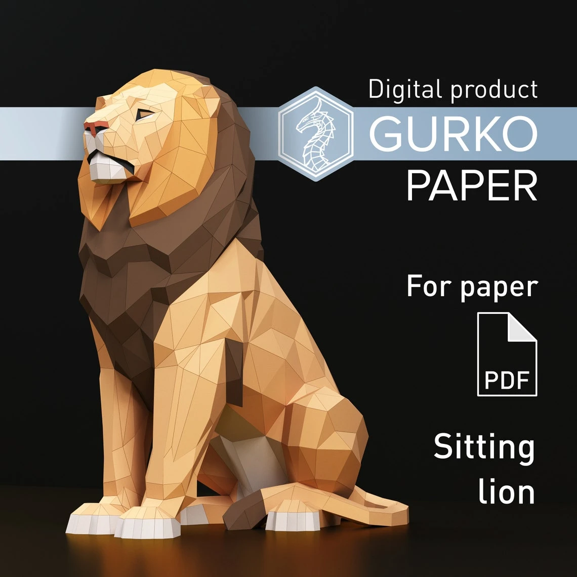 Sitting Lion Papercraft, Pdf, Gurko, Pepakura, Template, 3D Origami, Paper Sculpture, Low Poly DIY Craft