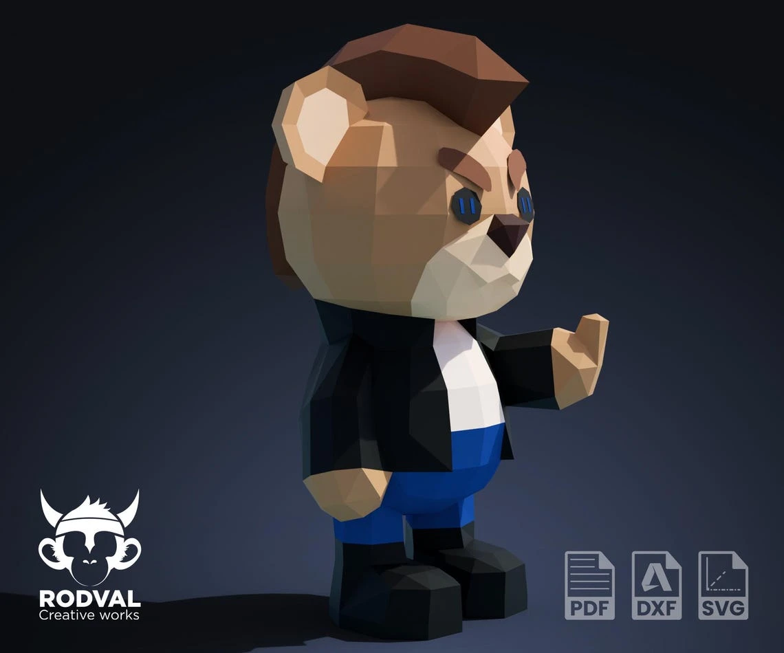 PUNK TEDDY, bear, Papercraft, Template, DIY, Paper, Low Poly, Cute, Kawaii, 3D Model, Pdf Low Poply, Kids Toy