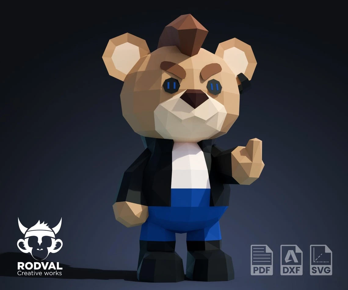 PUNK TEDDY, bear, Papercraft, Template, DIY, Paper, Low Poly, Cute, Kawaii, 3D Model, Pdf Low Poply, Kids Toy