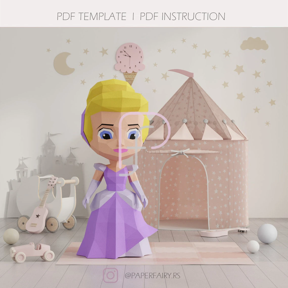 Low poly Cinderella Chibi Doll 3d papercraft sculpture, Doll 3D paper model