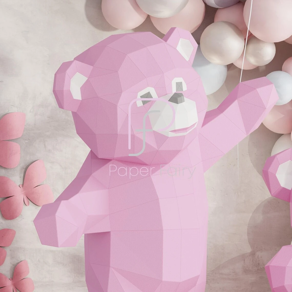 3D Polygonal Teddy Bear Papercraft Template.DIY Low Poly Pink Bear Digital Download