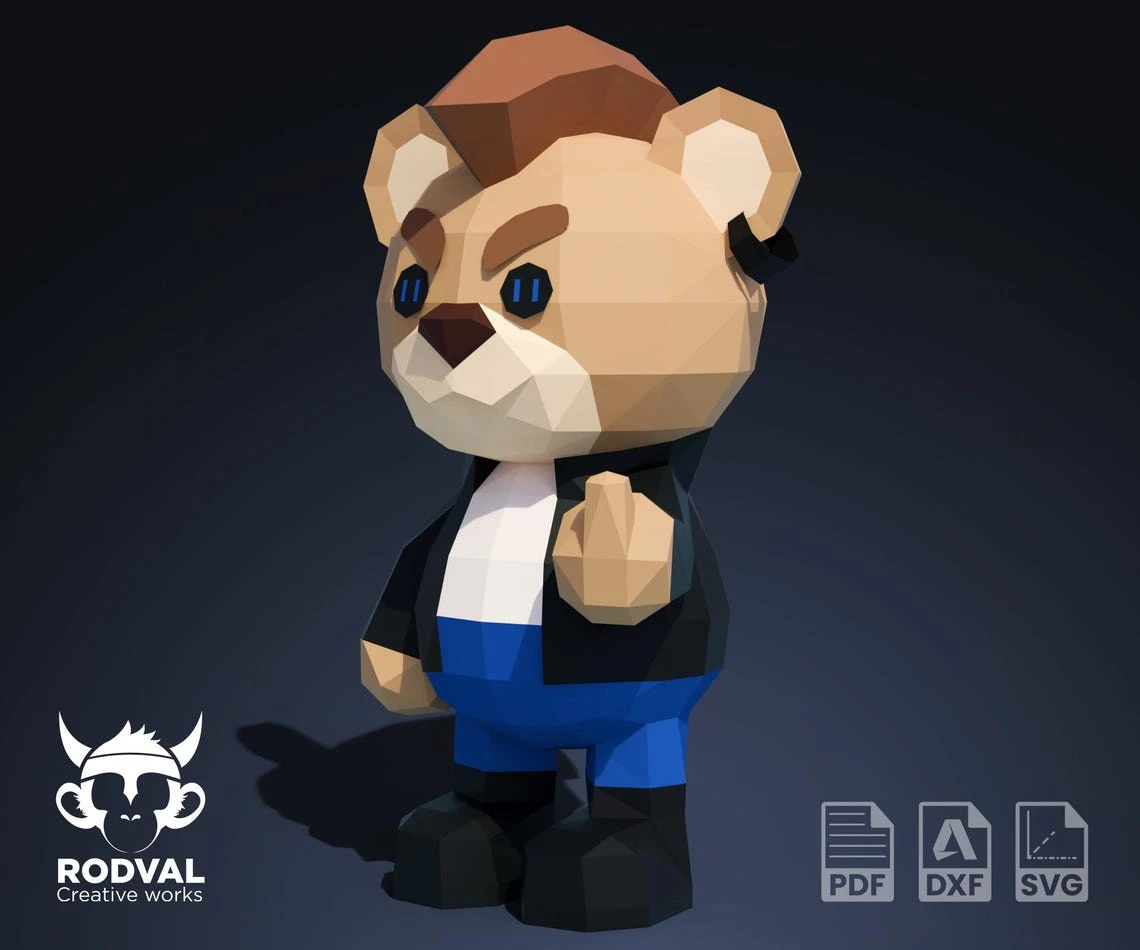 PUNK TEDDY, bear, Papercraft, Template, DIY, Paper, Low Poly, Cute, Kawaii, 3D Model, Pdf Low Poply, Kids Toy