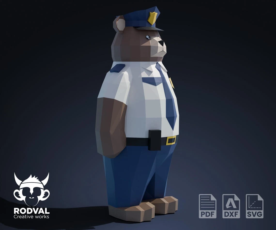 POLICE TEDDY, bear, Papercraft, Template, DIY, Paper, Low Poly, Cute, Kawaii, 3D Model, Pdf Low Poply, Kids Toy