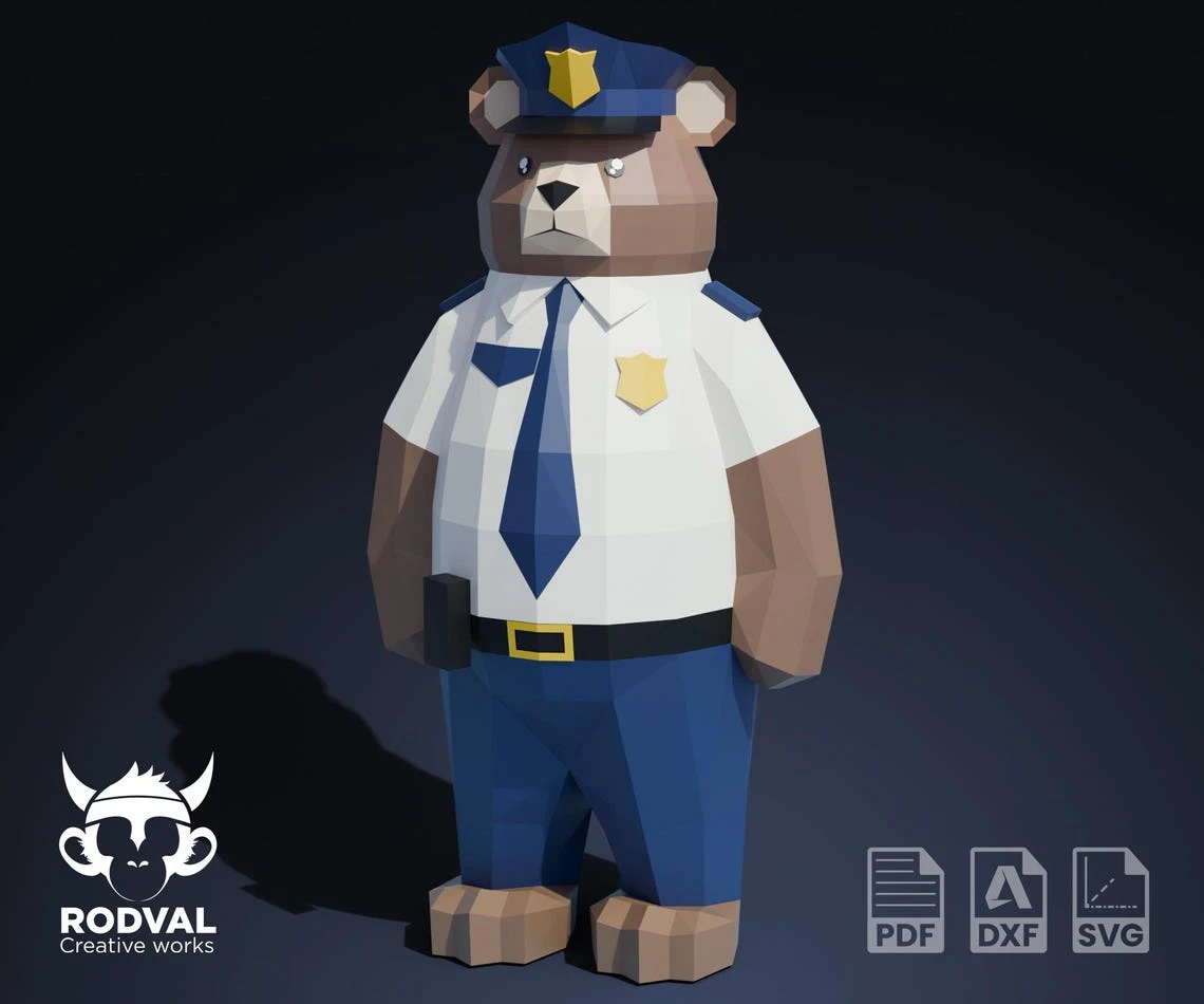 POLICE TEDDY, bear, Papercraft, Template, DIY, Paper, Low Poly, Cute, Kawaii, 3D Model, Pdf Low Poply, Kids Toy