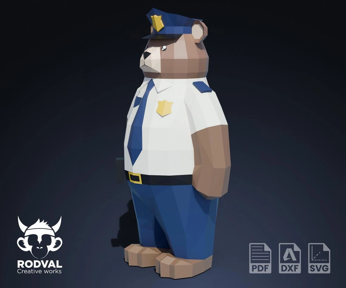 POLICE TEDDY, bear, Papercraft, Template, DIY, Paper, Low Poly, Cute, Kawaii, 3D Model, Pdf Low Poply, Kids Toy