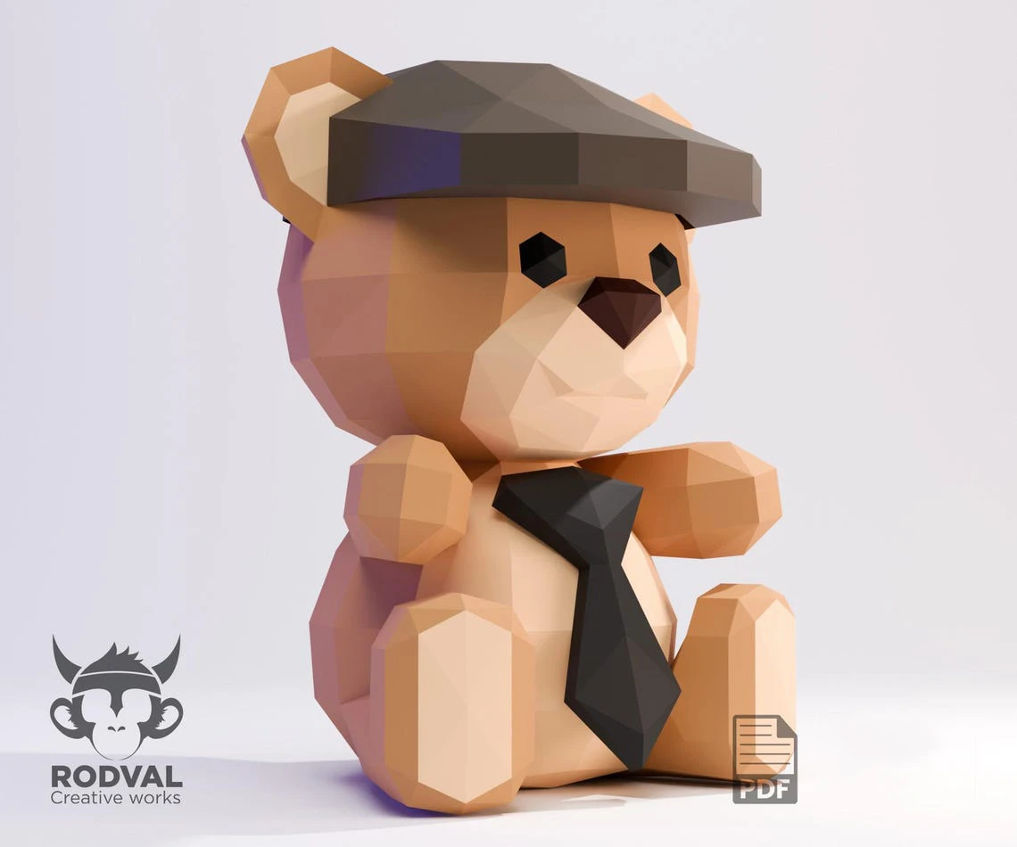 TEDDY BEAR, bear, Papercraft, Template, DIY, Paper, Low Poly, Cute, Kawaii, 3D Model, Pdf Low Poply, Kids Toy