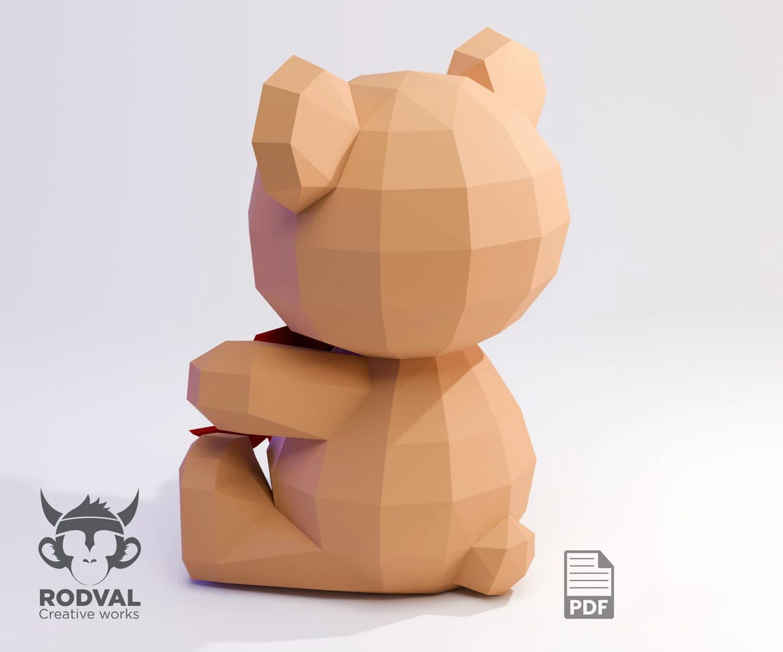 TEDDY BEAR, bear, Papercraft, Template, DIY, Paper, Low Poly, Cute, Kawaii, 3D Model, Pdf Low Poply, Kids Toy