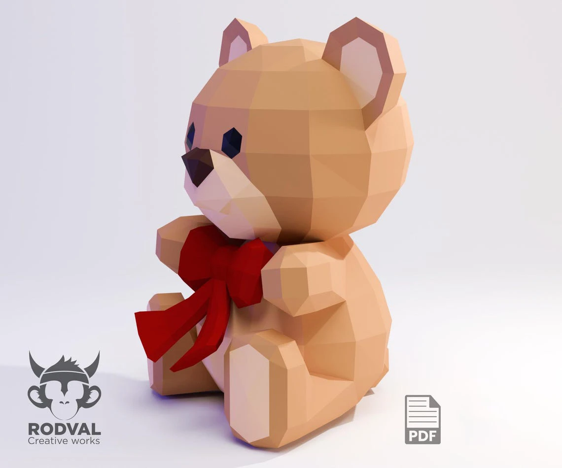 TEDDY BEAR, bear, Papercraft, Template, DIY, Paper, Low Poly, Cute, Kawaii, 3D Model, Pdf Low Poply, Kids Toy