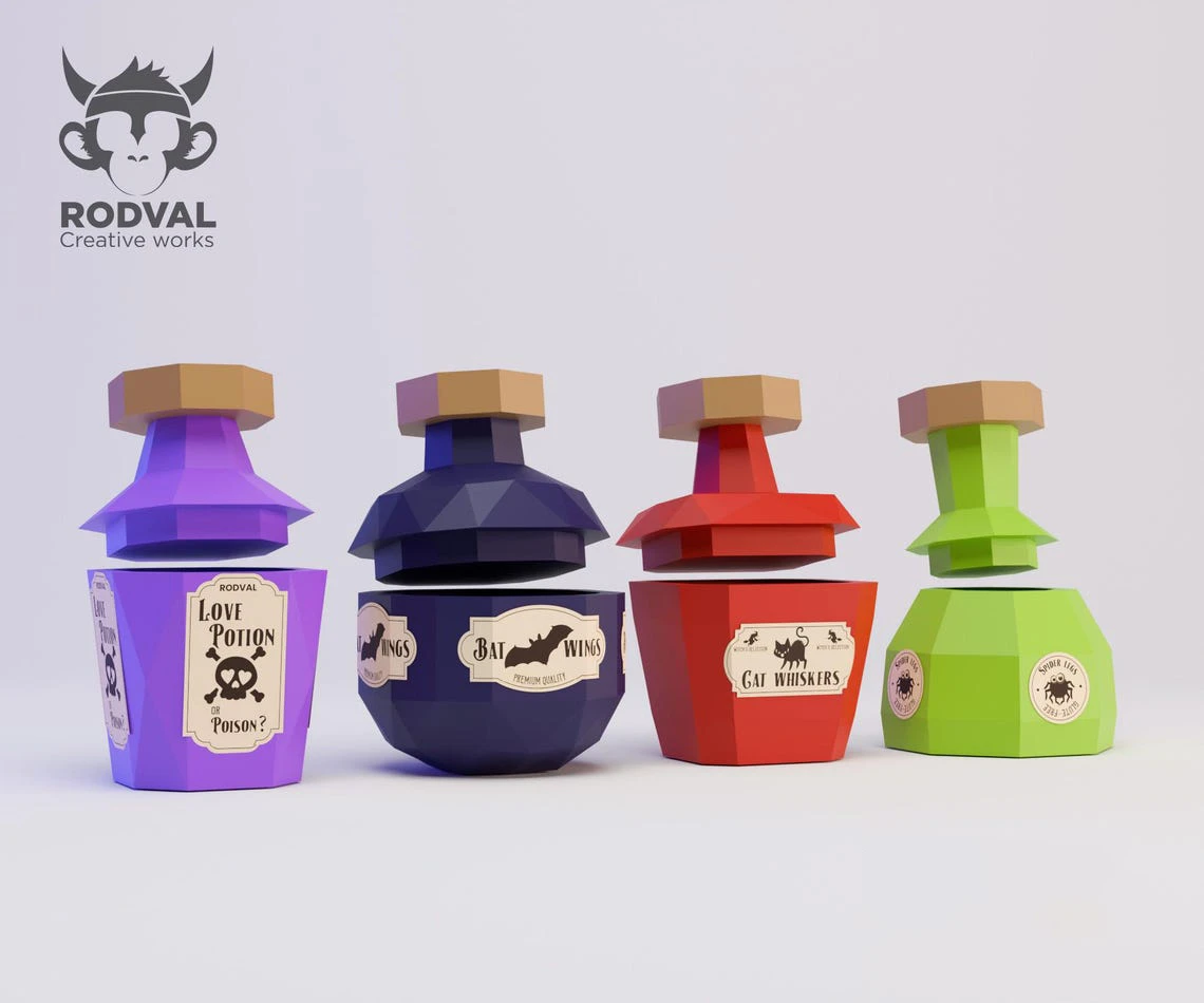 POTIONS HALLOWEEN, Papercraft, Template, DIY, Paper, Low Poly, 3D Model, Pdf Low Poly, Kids Toy