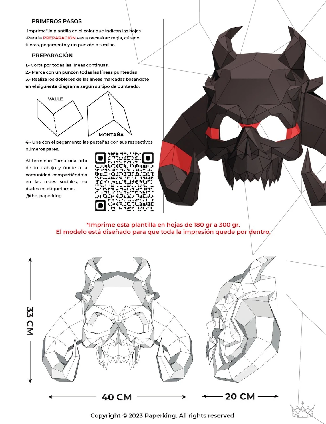 Demon Mask, Mascara Demonio Papercraft 3D, pepakura Pdf template Low polygonal Paper Custom Diy Decor home loft office gift