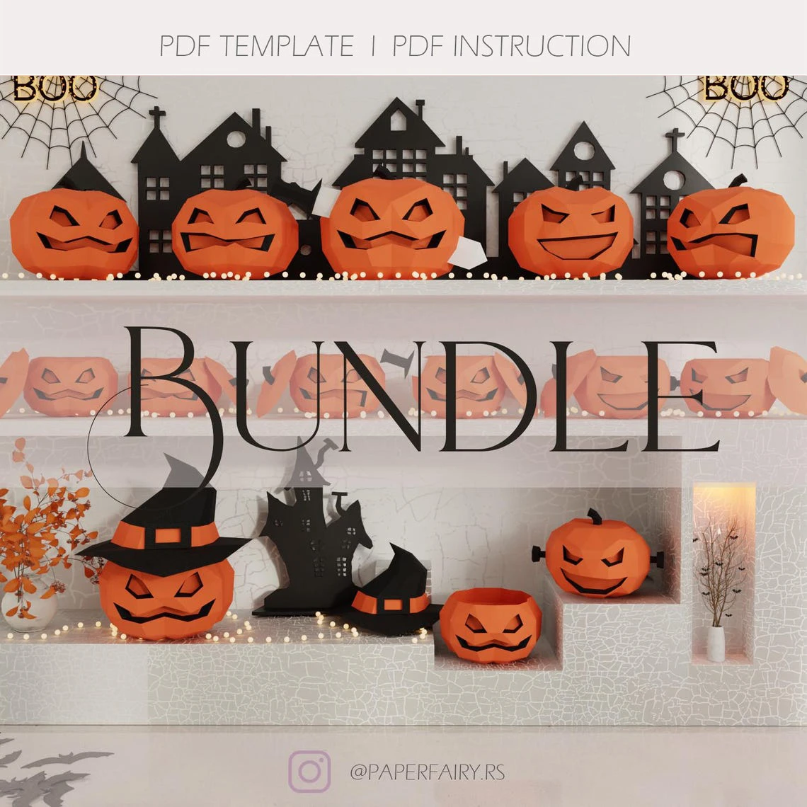 Papercraft Halloween Pumpkin Bundle, 14 Low Poly Templates DIY Home Decor Craft, 7 Pumpkins, 7 Gift Boxes, 3D DIY low poly paper crafts Halloween model templates