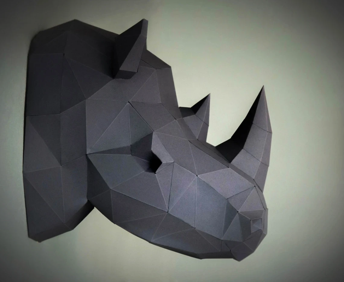 Rhino Head Wall Paper Craft, Digital Template, Origami, PDF Download DIY, Low Poly, Wall Decor