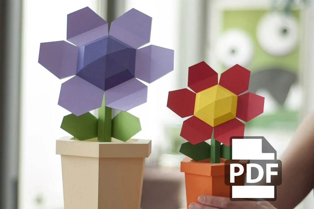 Pot Flower 3D Decor Low poly Papercraft, DIY, PDF