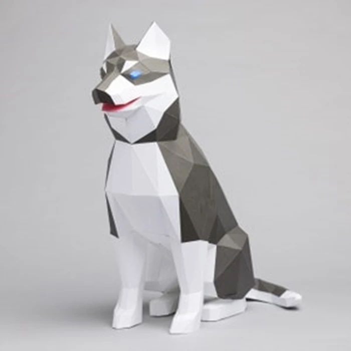 Husky dog papercraft. You get a PDF digital file templates and instructions for this DIY (do it yourself) modern lowpoly paper sculpture.