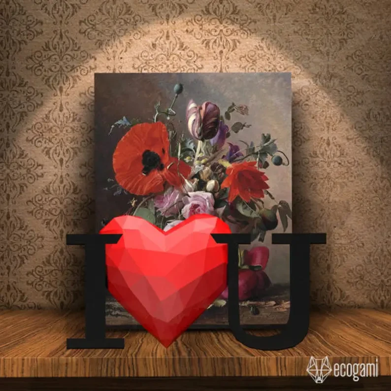 I love you papercraft sculpture, printable 3D puzzle, papercraft Pdf template to make your Saint Valentine decor