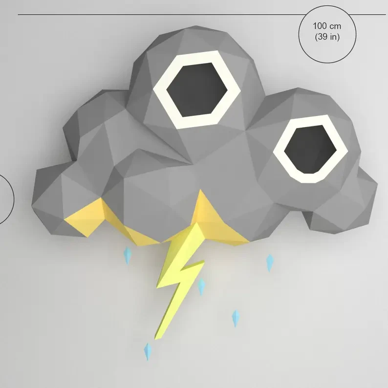 Cloud Storm Papercraft - Scenography - 3D Papercraft - Build Your Own - Low Poly Lightning - PDF Download DIY gift, Wall Decor - Eburgami