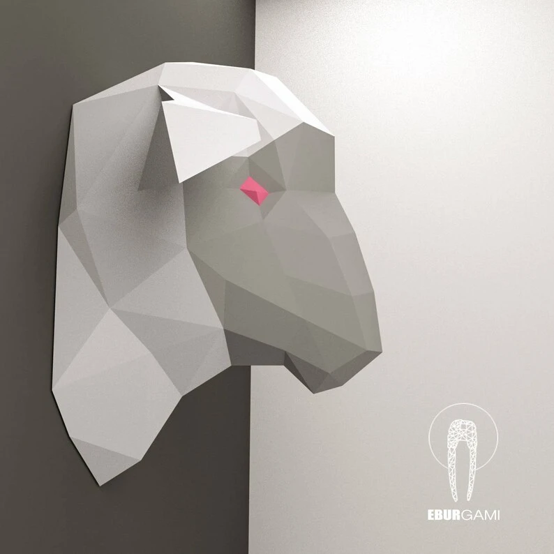 Sheep Pepercraft Head, Paper Craft Trophy, Pdf Kit, 3D DIY Mask Sheep Origami, DIY Paper Sculpture, Puzzle DIY, Digital Download, Trophy Art