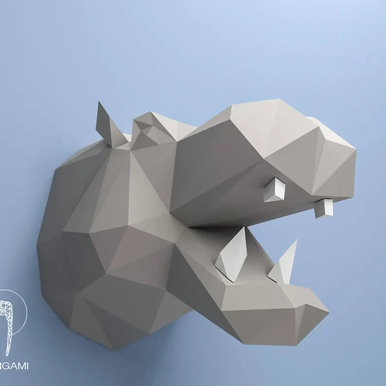 Hippo Pepercraft Head, Papercraft Trophy, Pdf Kit, 3D DIY Hippo Head, DIY Paper Sculpture, 3D Puzzle DIY, Digital Download, Hippopotamus