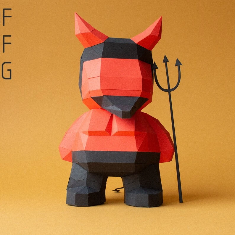 DIY Lucifer figure, Devil's papercraft template, Halloween decoration, Red devil statue, Demon with a trident, Lucifer's doll, Kings of hell