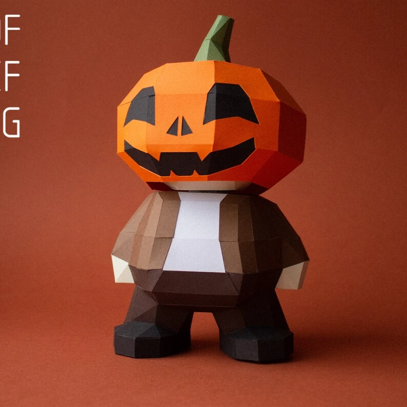 3d papercraft Pumpkin. Halloween doll with pumpkin head. SVG file for cricut. DIY papercraft templates.