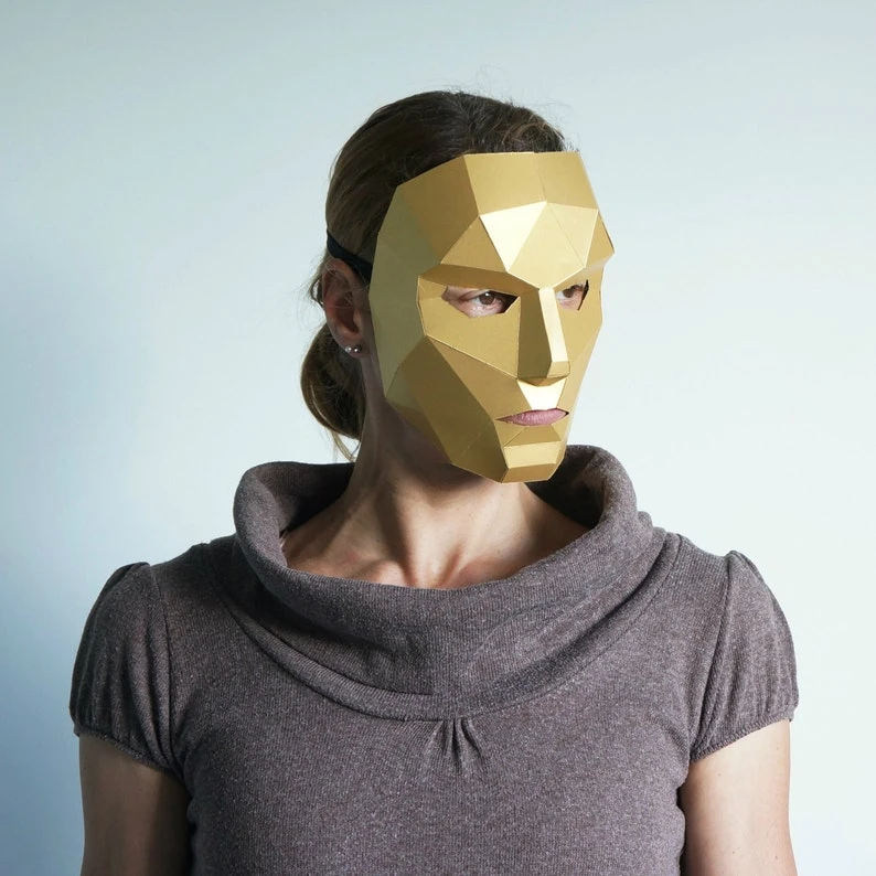 Polygon Female Human Face Mask, Women or Girl 3D Papercraft Mask Template, Low Poly Paper Mask, Unique Halloween Costume, PDF Pattern