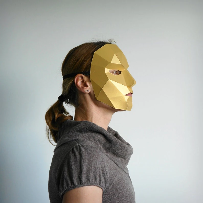 Polygon Female Human Face Mask, Women or Girl 3D Papercraft Mask Template, Low Poly Paper Mask, Unique Halloween Costume, PDF Pattern