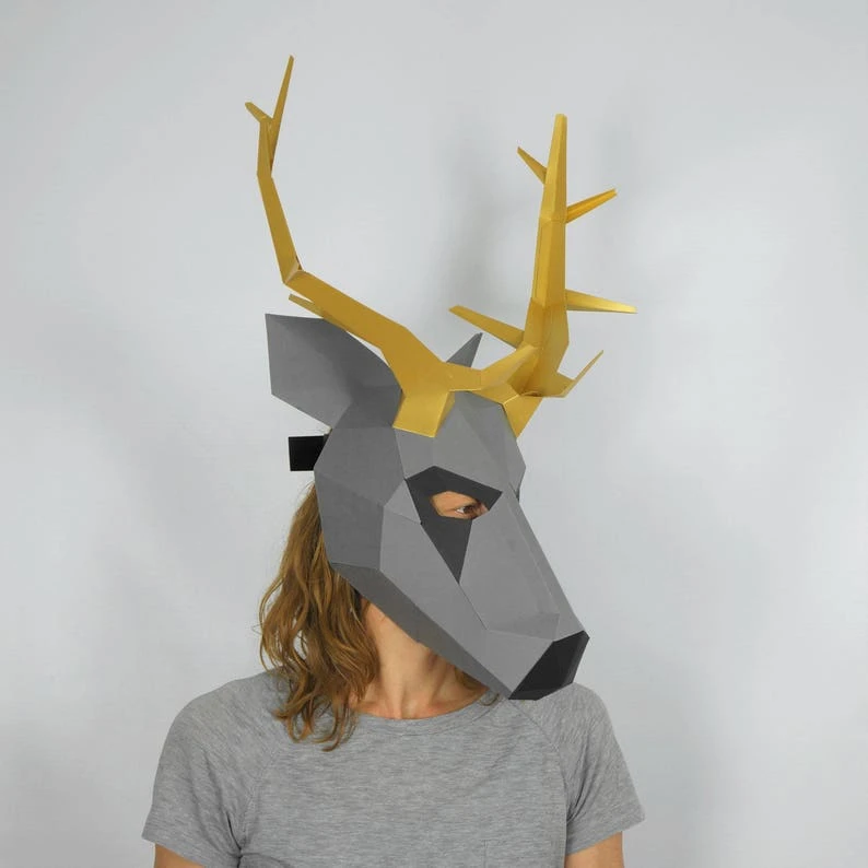 Stag Trophy, 3D Papercraft Mask Template, Low Poly Paper Mask, Unique Halloween Costume, Animal Mask, Paper Wall Art PDF Pattern