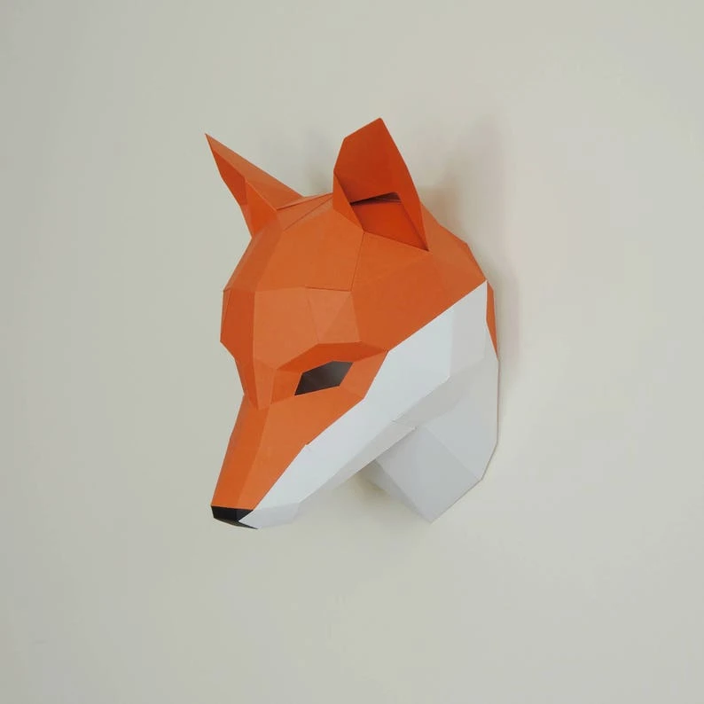 Fox Trophy, 3D Papercraft Mask Template, Low Poly Paper Mask, Unique Halloween Costume, Animal Mask, Paper Wall Art PDF Pattern