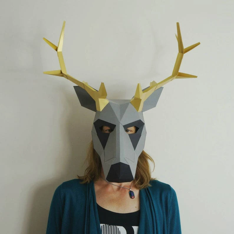 Stag Trophy, 3D Papercraft Mask Template, Low Poly Paper Mask, Unique Halloween Costume, Animal Mask, Paper Wall Art PDF Pattern