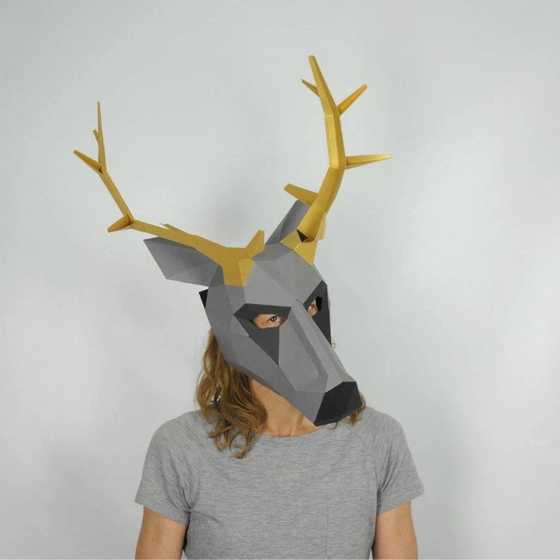 Stag Trophy, 3D Papercraft Mask Template, Low Poly Paper Mask, Unique Halloween Costume, Animal Mask, Paper Wall Art PDF Pattern