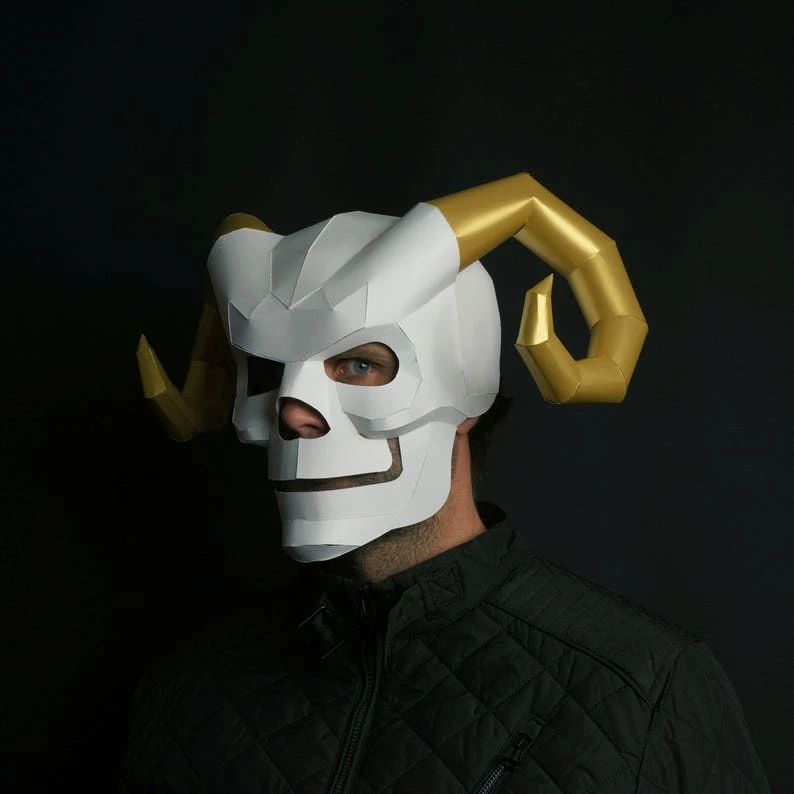 Horned Skull Papercraft Mask Template, 3D Paper Mask, Unique Homemade DIY Halloween Costume, Cosplay PDF Pattern