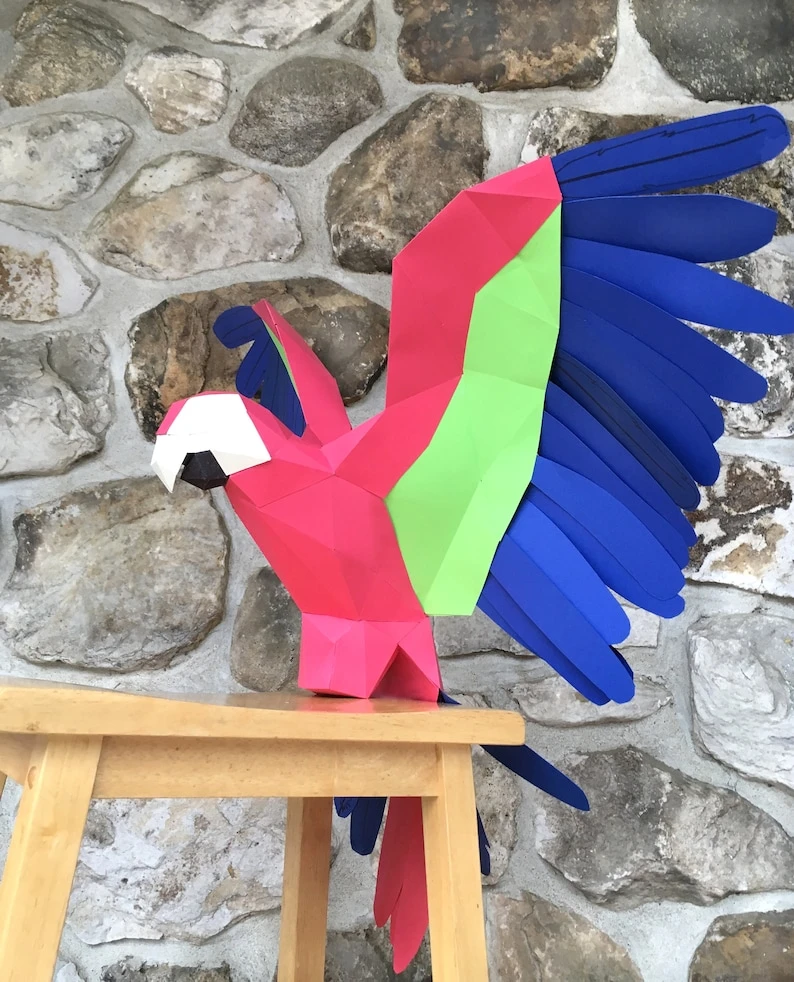 Parrot with open wings papercraft. You get a PDF digital file templates & instructions for this DIY (do it yourself) modern paper sculpture.