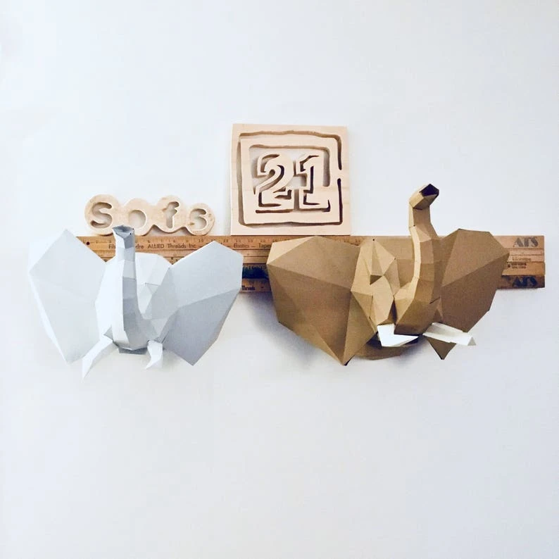 Elephant Young & Old 3d papercraft. You get PDF digital file templates and instructions for these DIY modern paper sculpture.