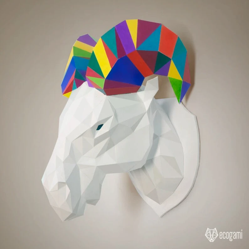Ram papercraft trophy, printable 3D puzzle, papercraft Pdf template to make your sheep wall decor
